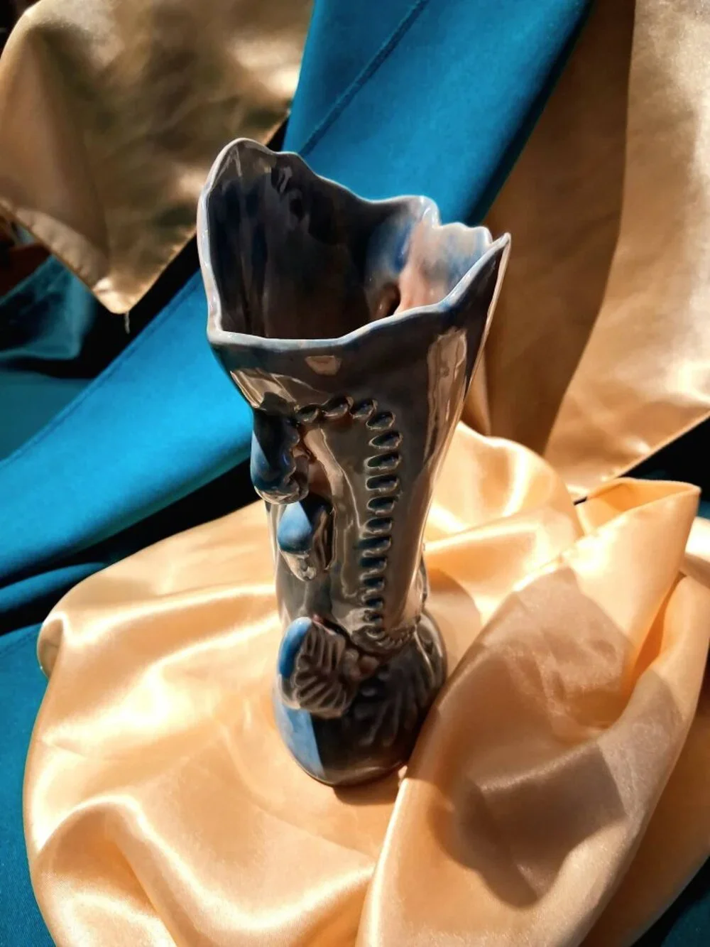 A Vintage Art Pottery Cornucopia Vase Blue Grey Drip Glaze Horn of Plenty MCM